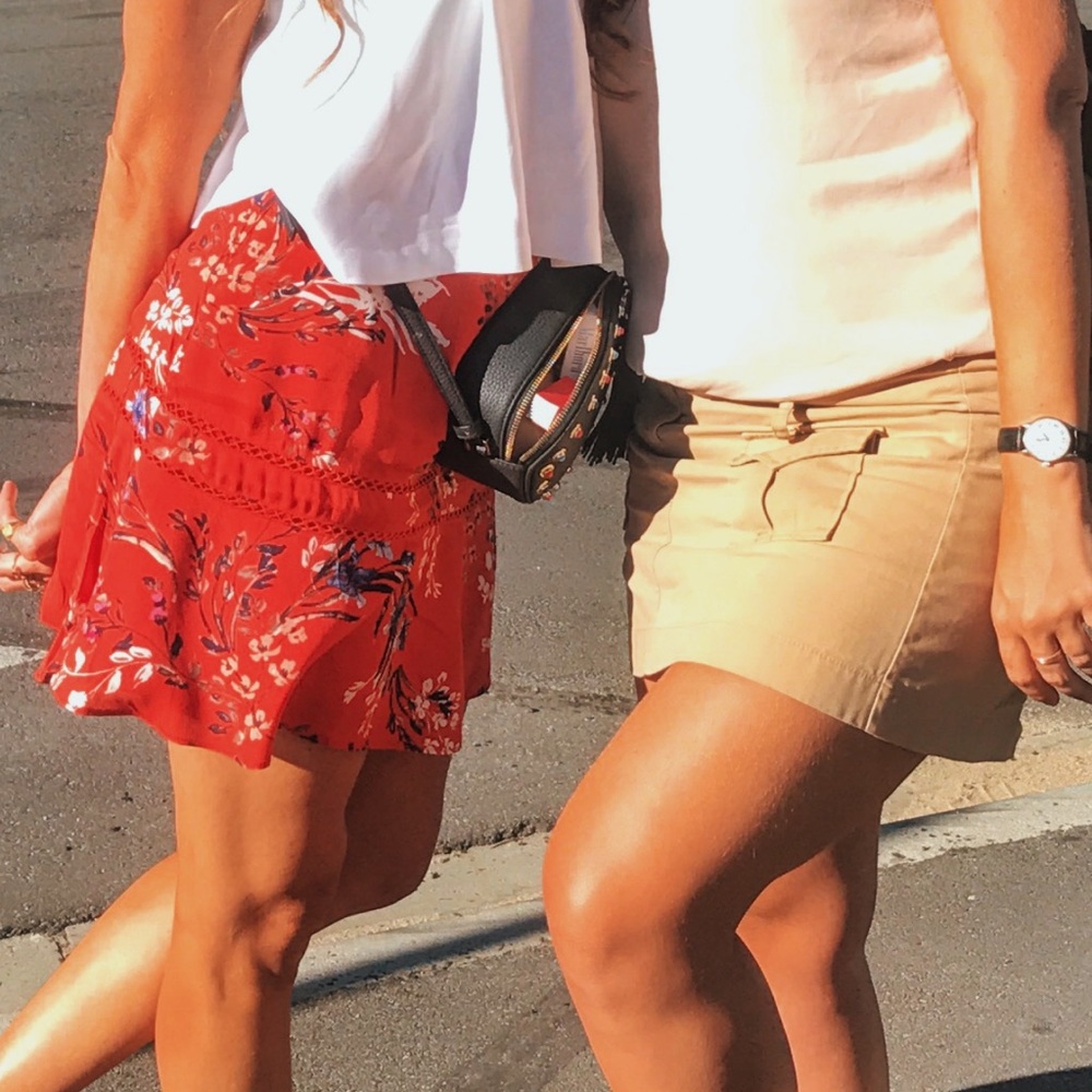 floral, short red skirt